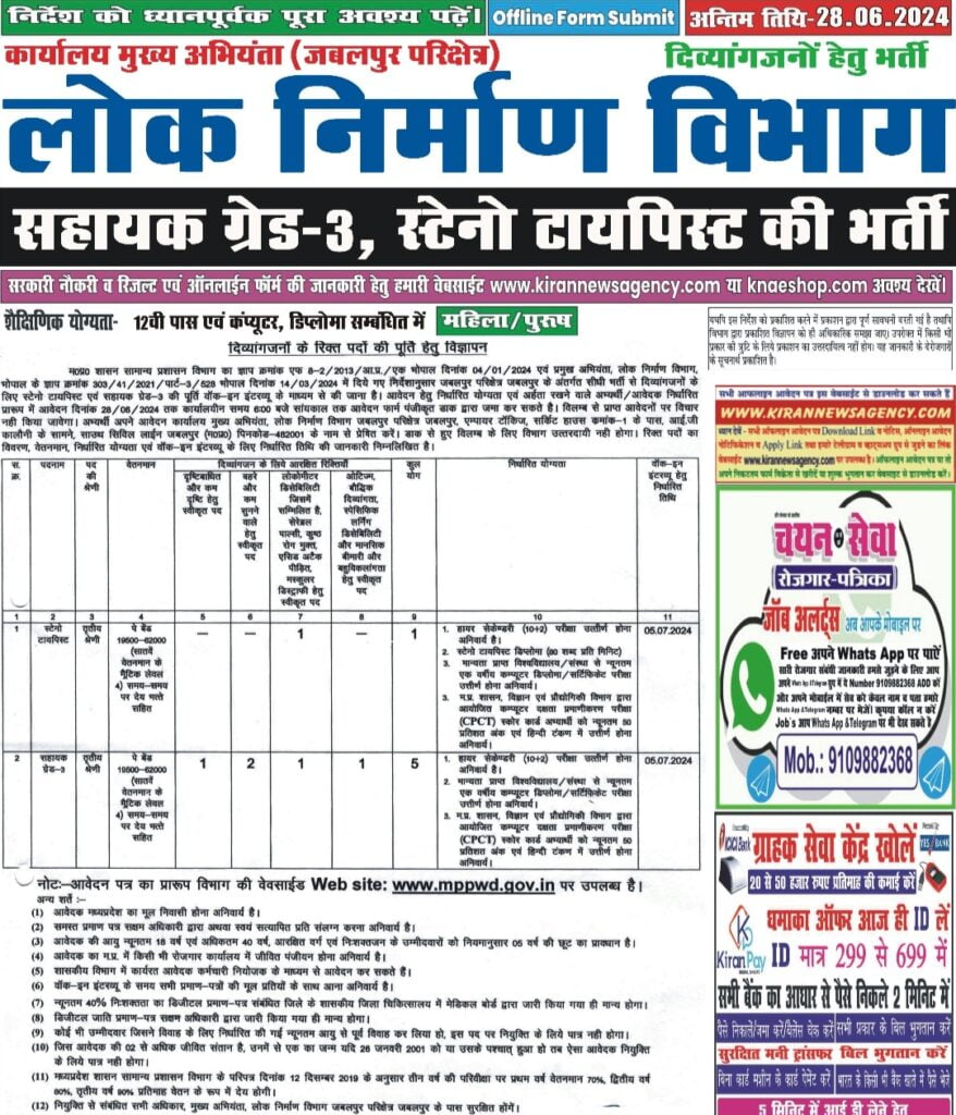 MP Lok Nirman Vibhag Jabalpur Bharti 2024: म.प्र लोक विभाग में आई बंपर भर्ती